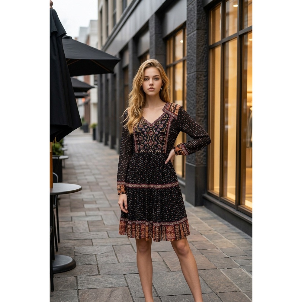 Style & Co Women's‎ Embroidered Beaded Tiered Mini Dress Black Long Sleeve Small